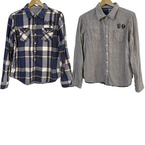 Harley Davidson Reversible Plaid Striped Women’s Button Up Flannel Shirt Biker